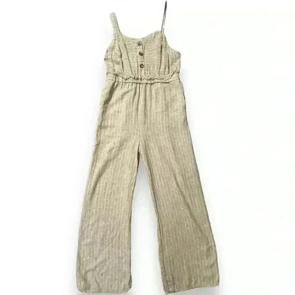 Romeo & Juliet Couture Tan Striped Linen Blend Jumpsuit Adjustable strap size Lg - Picture 8 of 16